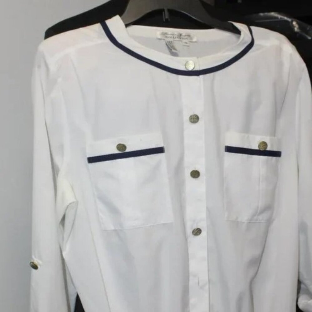 Vintage Laura & Jayne Collection ivory navy trim blouse 14         B36  BY